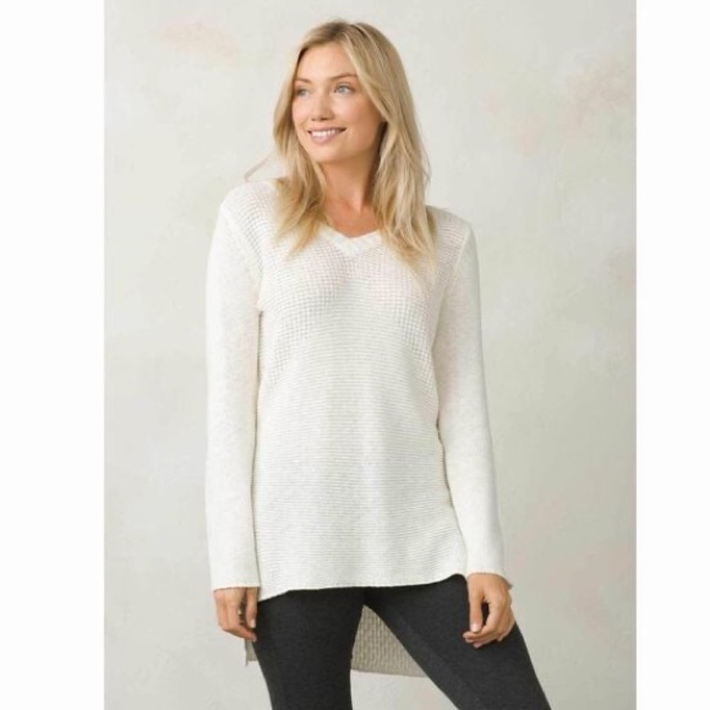 Prana Deedra Sweater White Cotton Long Tunic V-Neck Size XL